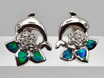 Opal Diamond Sterling Silver Dolphin Earrings 5.4 G