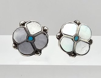 Mother Of Pearl Turquoise Sterling Silver Flower Earrings 2.3 G