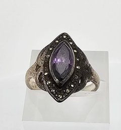 Amethyst Marcasite Sterling Silver Cocktail Ring Size 7 4.6 G