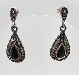 Marcasite Onyx Sterling Silver Drop Dangle Earrings 4.9 G