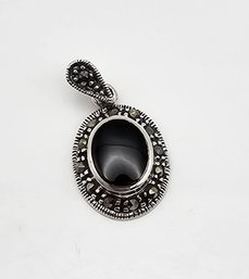 'FAS' Onyx Marcasite Sterling Silver Pendant 1.6 G