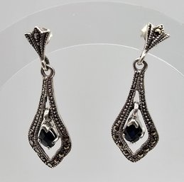 Sapphire Marcasite Sterling Silver Drop Dangle Earrings 4.4 G