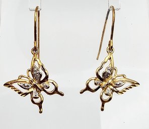 NIB Diamond 18K Gold Over Sterling Silver Butterfly Drop Dangle Earrings 1.9 G