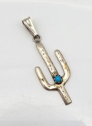 Southwestern Turquoise Sterling Silver Cactus Pendant 1.6 G