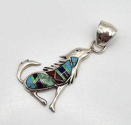 Southwestern Turquoise Lapis Opal Sterling Silver Wolf Pendant 6.3 G