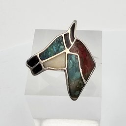 Native/Southwestern? Crushed Turquoise Coral Mother Of Pearl Onyx Sterling Silver Horse Ring Size 5.5 3.8 G