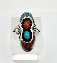 Native/Southwestern? Crushed Turquoise Coral Sterling Silver Ring Size 7.25 4.2 G