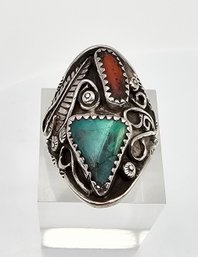 Southwestern Turquoise Coral Sterling Silver Ring Size 8 7.5 G