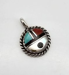 Native/Southwestern Turquoise Coral Onyx Mother Of Pearl Sterling Silver Pendant 1.4 G