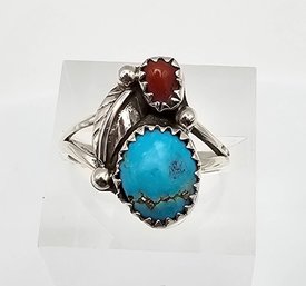 Native/Southwestern Turquoise Coral Sterling Silver Ring Size 6.25 3.3 G