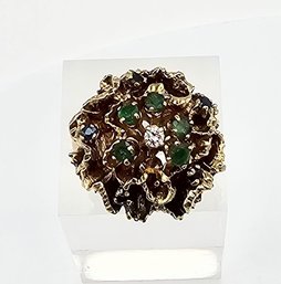 Diamond Emerald Sapphire 14K Gold Dome Cocktail Ring Size 7.5 13.3 G