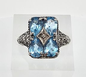 Topaz Deco Style Sterling Silver Cocktail Ring Size 5.5 3.5 G