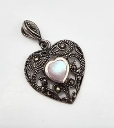 'CW' Mother Of Pearl Marcasite Sterling Silver Heart Pendant 2.7 G