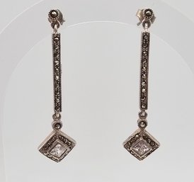 Rhinestone Marcasite Sterling Silver Drop Dangle Earrings 4.9 G