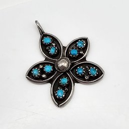 Southwestern Turquoise Sterling Silver Shadow Box Flower Pendant 4.5 G