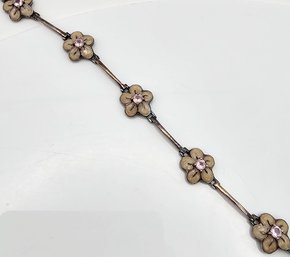 Enamel Marcasite Sterling Silver Flower Bracelet 8.5 G
