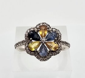 'Y' Multi Gemstone Sterling Silver Cocktail Ring Size 8.25 3.4 G