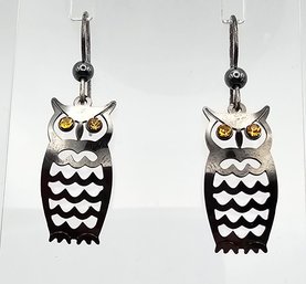 Rhinestone Sterling Silver Owl Drop Dangle Earrings 1.4 G