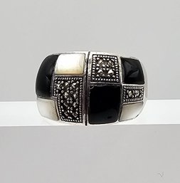 Mother Of Pearl Marcasite Onyx Sterling Silver Ring Size 7 8 G