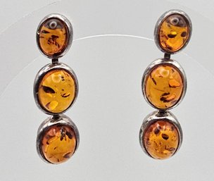 Amber Sterling Silver Cabochon Drop Earrings 1 G