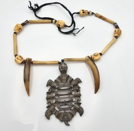 Vintage L Razza Turtle  Bone Carved Necklace