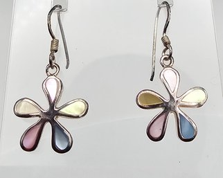 Mother Of Pearl Sterling Silver Flower Drop Dangle Earrings 2.8 G
