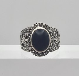'NF' Onyx Marcasite Sterling Silver Cocktail Ring Size 5.5 4.7 G