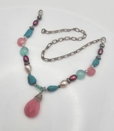 Turquoise Rose Quartz Sterling Silver Necklace 22.2 G