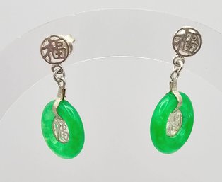 Natural Stone Sterling Silver Asian Character Dangle Earrings 2.2 G