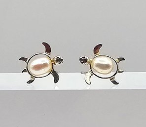 Pearl Sterling Silver Sea Turtle Earrings 1.1 G