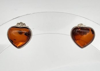 Amber Sterling Silver Heart Earrings 1.7 G