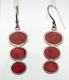 Coral Sterling Silver Graduated Oval Drop Earrings 3.2 G