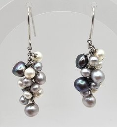 Pearl Cluster Sterling Silver Drop Dangle Earrings 7.5 G