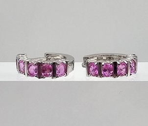 Lab Pink Sapphire Sterling Silver Hoop Earrings 4.8 G