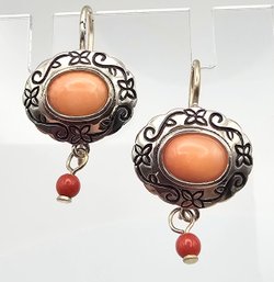 'SU' Coral Sterling Silver Drop Dangle Earrings 5.1 G