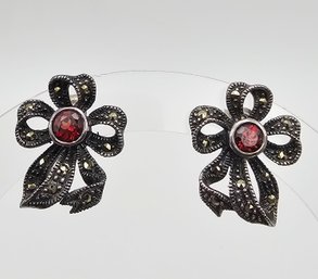 Marcasite Rhinestone Sterling Silver Bow Earrings 5 G