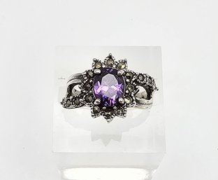 Amethyst Marcasite Sterling Silver Cocktail Ring Size 5.5 4.5 G