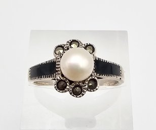 Pearl Marcasite Enamel Sterling Silver Cocktail Ring Size 7.75 3.5 G