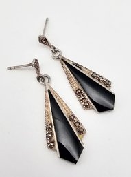 SU Marcasite Onyx Sterling Silver Drop Dangle Earrings 5 G