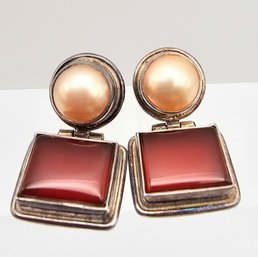 Carnelian Pearl Sterling Silver Hinge Earrings 6.1 G