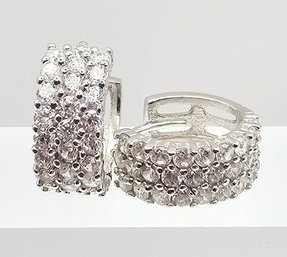 FZN Rhinestone Sterling Silver Hoop Earrings 3.1 G