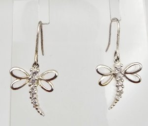 Cubic Zirconia Sterling Silver Dragonfly Drop Dangle Earrings 2.1 G