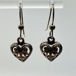 Sterling Silver Dangle Heart Earrings With Intricate Design, 2.36 G.