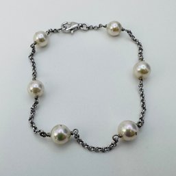 Sterling Silver Faux Pearl Bracelet, 3.24 G.