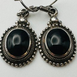 Sterling Silver Dangle Earrings With Black Stone In Intricate Setting 4.21 G.
