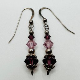 Sterling Silver Dangle Earring With Purple And Pink And Silver Colored Stones, 3.09 G.