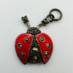 Sterling Silver Ladybug Pendant W/ Red And Clear, Colored Stones And Bead Design W/ Unknown Markings, 2.35 G.