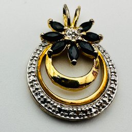 China-unknown Markings-gold Colored Sterling, Silver Circle Pendant W/ Dark & Clear Colored Stones, 3.41g