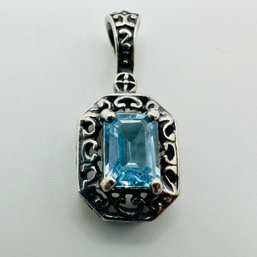 Sterling Silver Rectangle Pendant With Light Blue Colored Stone In Intricate Setting, 3.52 G.