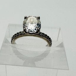 Sterling Silver Engagement Style Ring With Large, Clear Stone And Clear Stones On Band Engraved S Size 5. 2.25